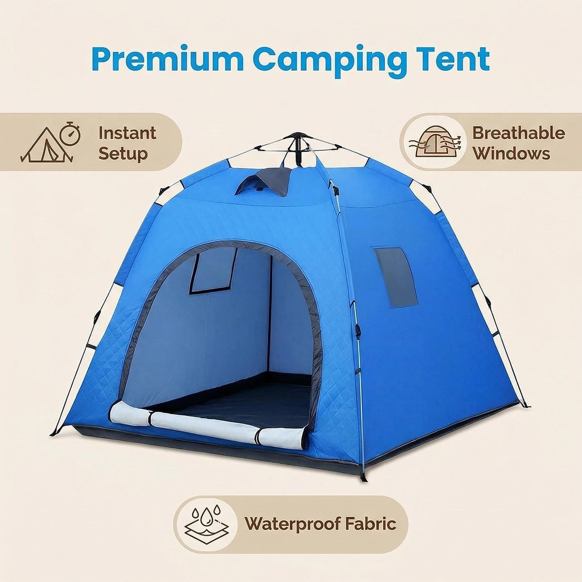 Pop-up Camping Tent, 3-4 Person Instant Cabin Tent, Waterproof Windproof Double Layer, Quick Setup with Large Mesh Windows, Portable Outdoor Tent for Family Camping and Hiking