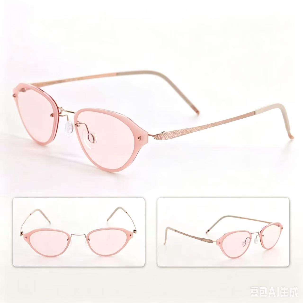 Stylish Pink Cat Eye Non-Prescription Glasses, Lightweight Rose Gold Temple with Engraved Detail, Anti-Blue Light Clear Lenses