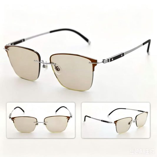 Stylish Semi-Rimless Non-Prescription Glasses, Lightweight Silver Metal Temple, Anti-Blue Light, Brown Lenses for Daily Use