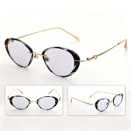 Stylish Cat Eye Non-Prescription Glasses, Lightweight Metal Temple with Four-Leaf Clover Detail, Anti-Blue Light Clear Lenses